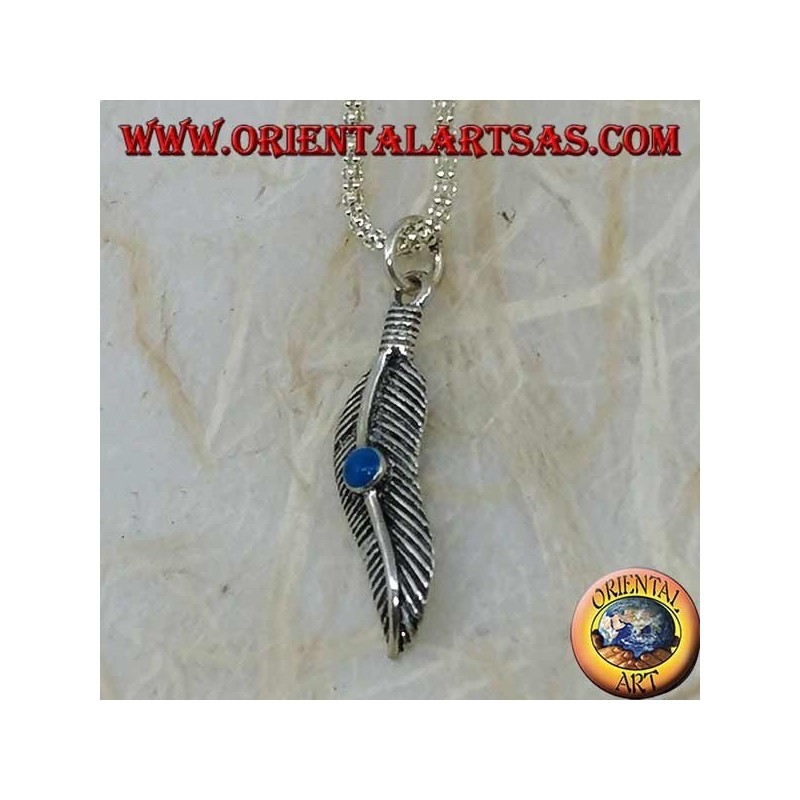 Wavy feather silver pendant with turquoise stone (symbol of purification)