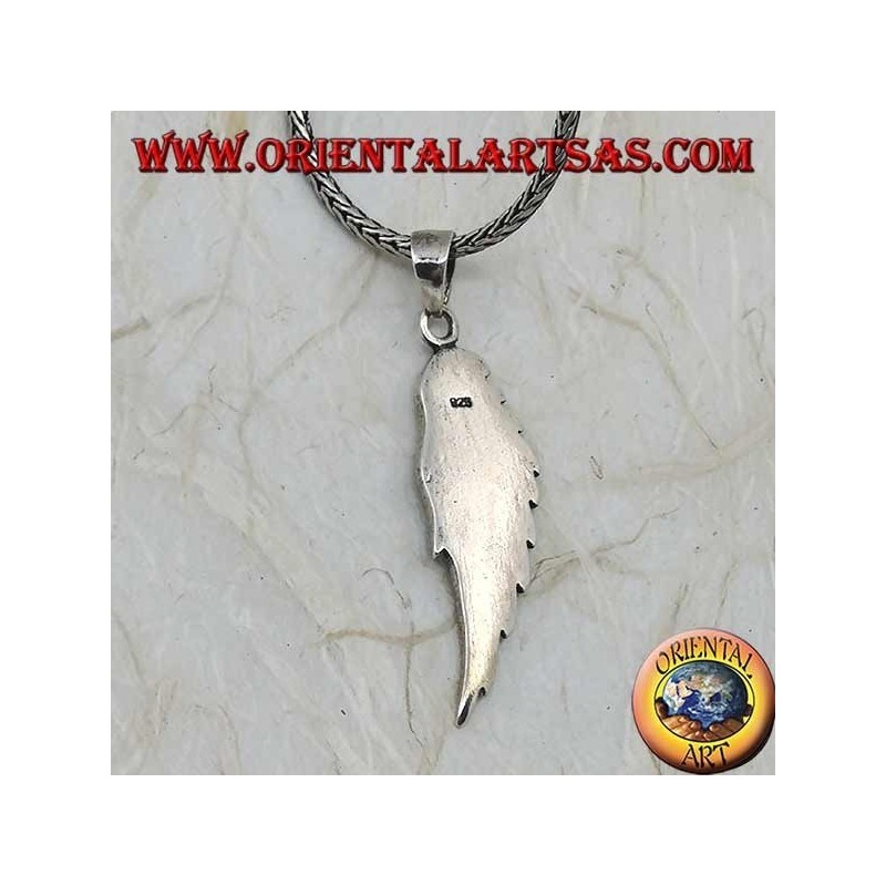 Silver pendant in the shape of an angel wing with raised feathers