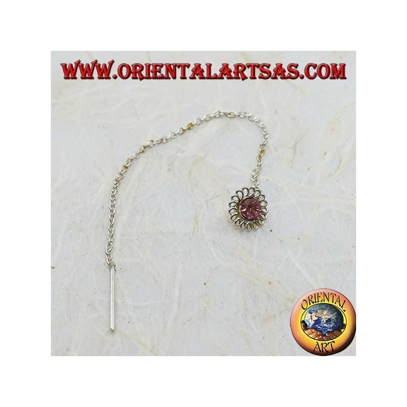 Orecchini in argento a catenina margherita con strass rosa da 8 cm