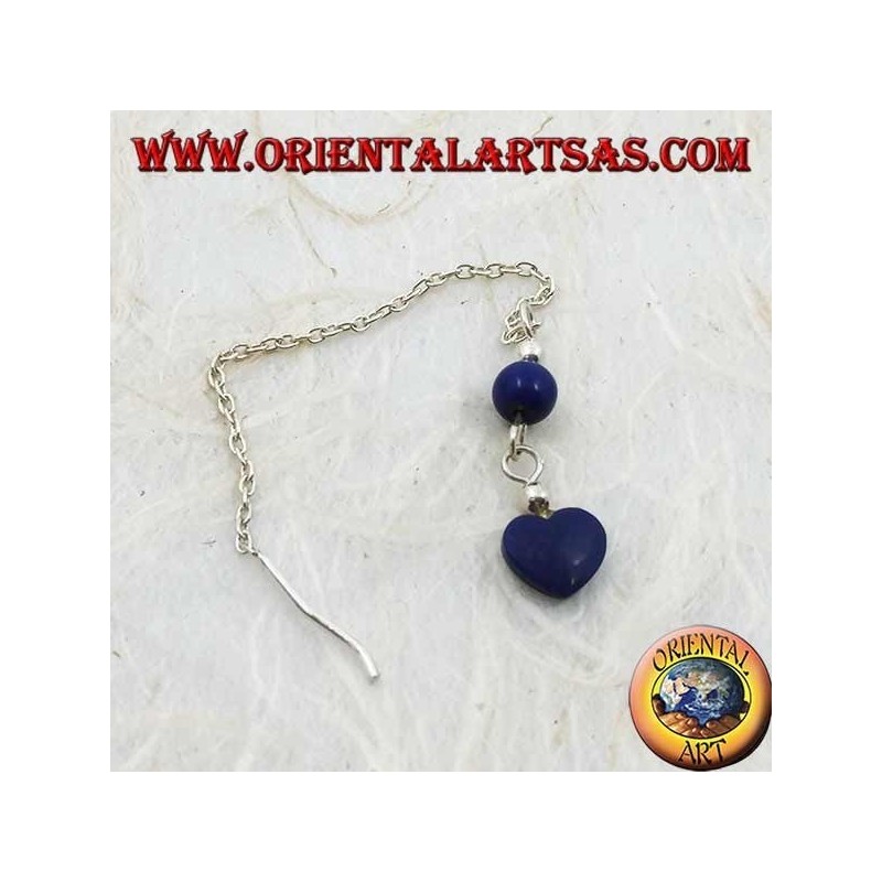 Pendientes de plata con cadena de corazón con bola de lapislázuli de 7 cm.