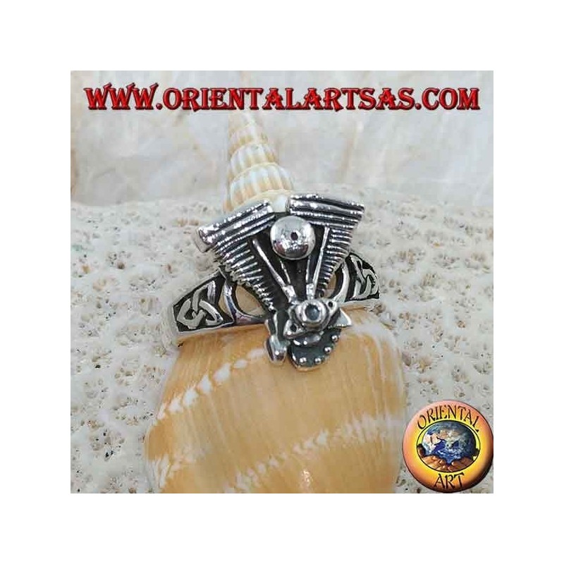 Silver ring, Harley Davidson V engine with Celtic knot on the sides
