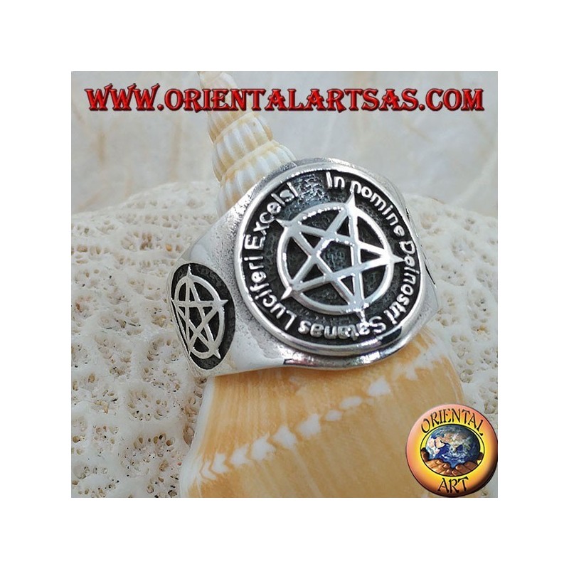 Silver ring with inverted pentacle and Satanist writing in Latin