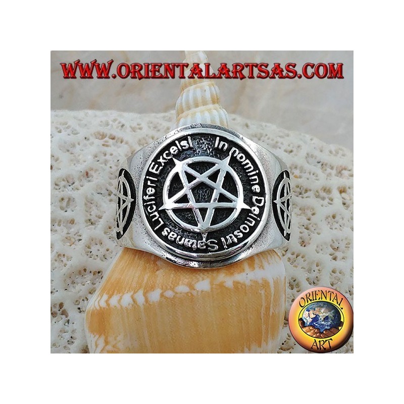 Silver ring with inverted pentacle and Satanist writing in Latin