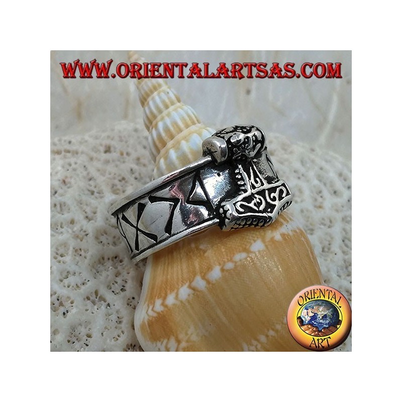 Silver ring band with engraved Nordic runes and Thor's hammer in relief