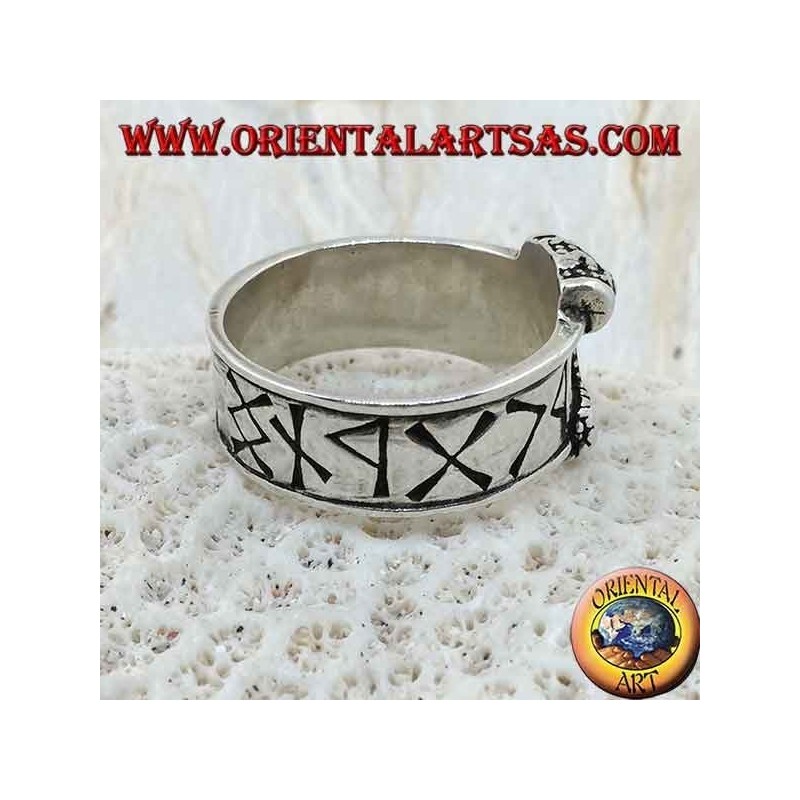 Silver ring band with engraved Nordic runes and Thor's hammer in relief