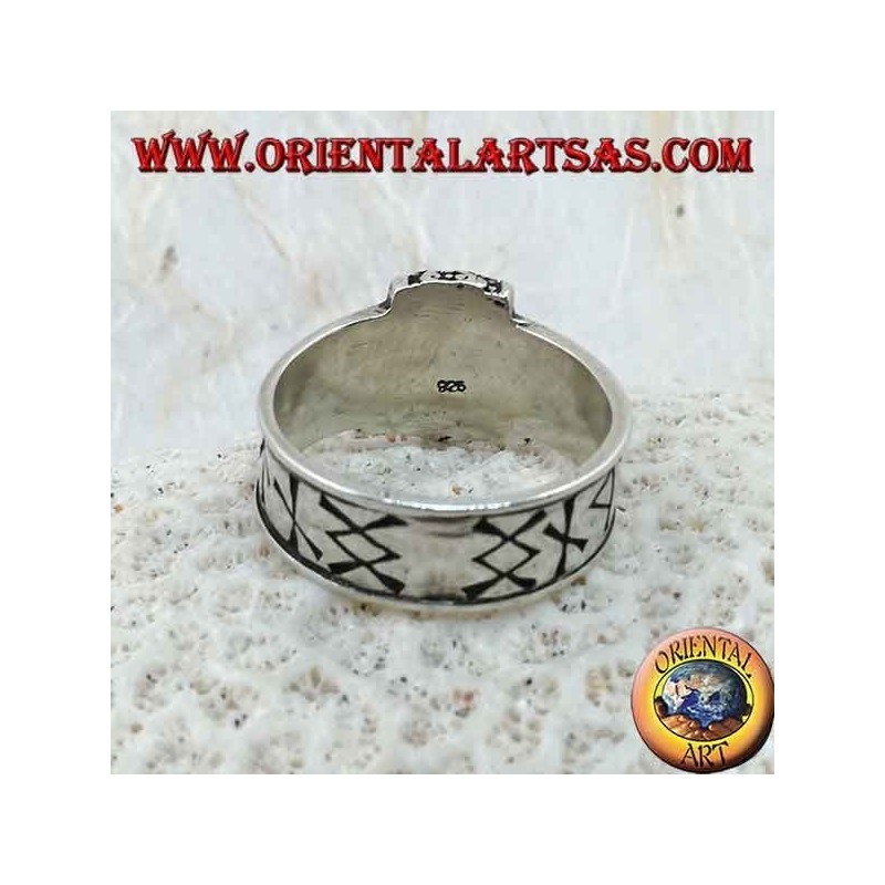 Silver ring band with engraved Nordic runes and Thor's hammer in relief