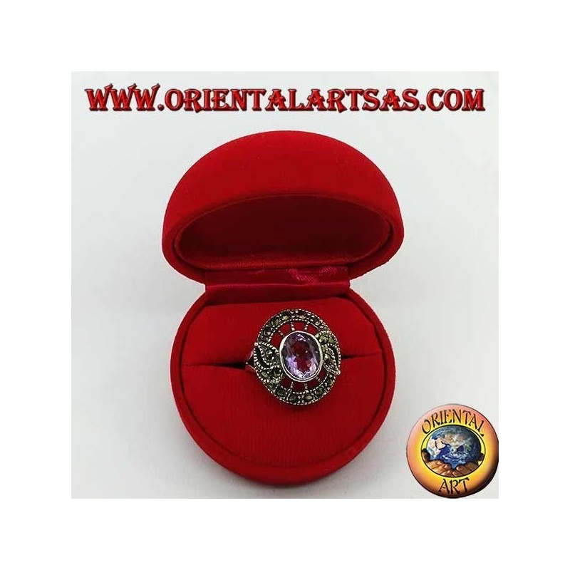 Bague en argent en forme de vif d'or avec améthyste ovale naturelle et marcassite