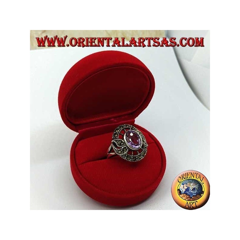 Bague en argent en forme de vif d'or avec améthyste ovale naturelle et marcassite