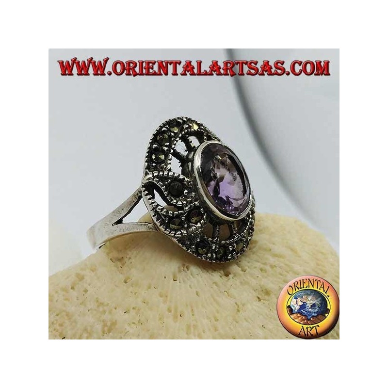 Silver ring in the shape of a snitch with natural oval amethyst and marcasite