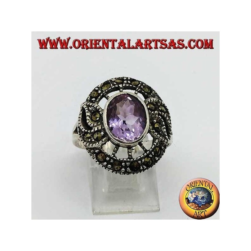 Bague en argent en forme de vif d'or avec améthyste ovale naturelle et marcassite