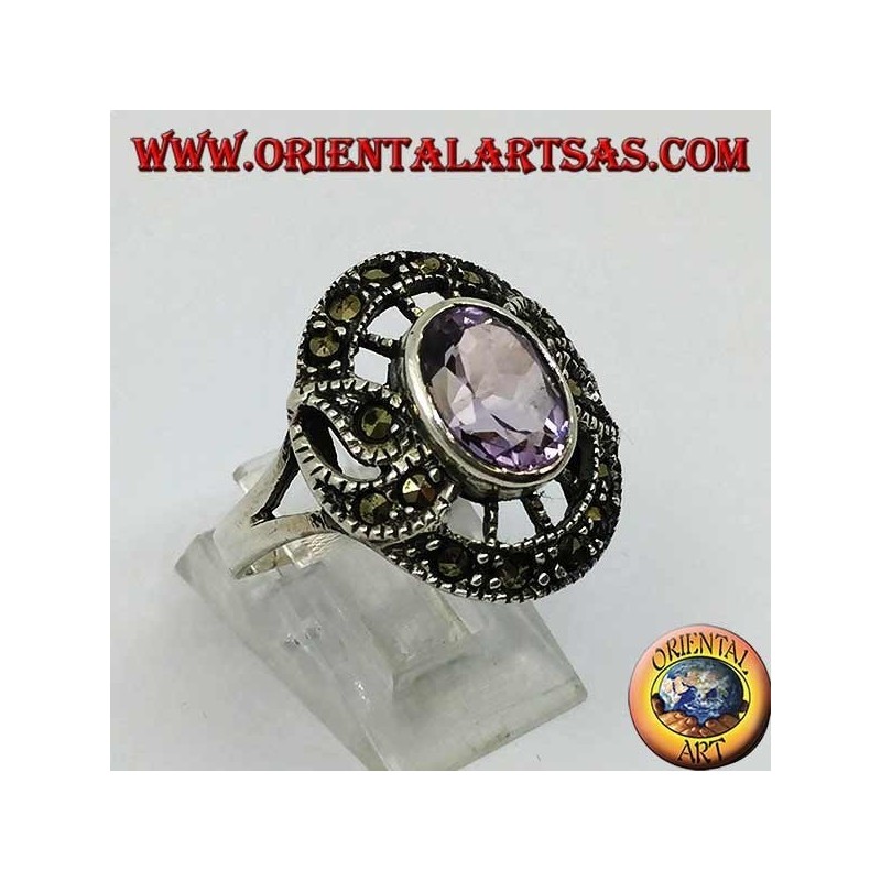 Silver ring in the shape of a snitch with natural oval amethyst and marcasite