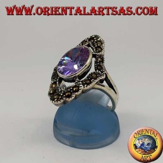 Rhomboidal silver ring with natural oval amethyst surrounded by marcasite