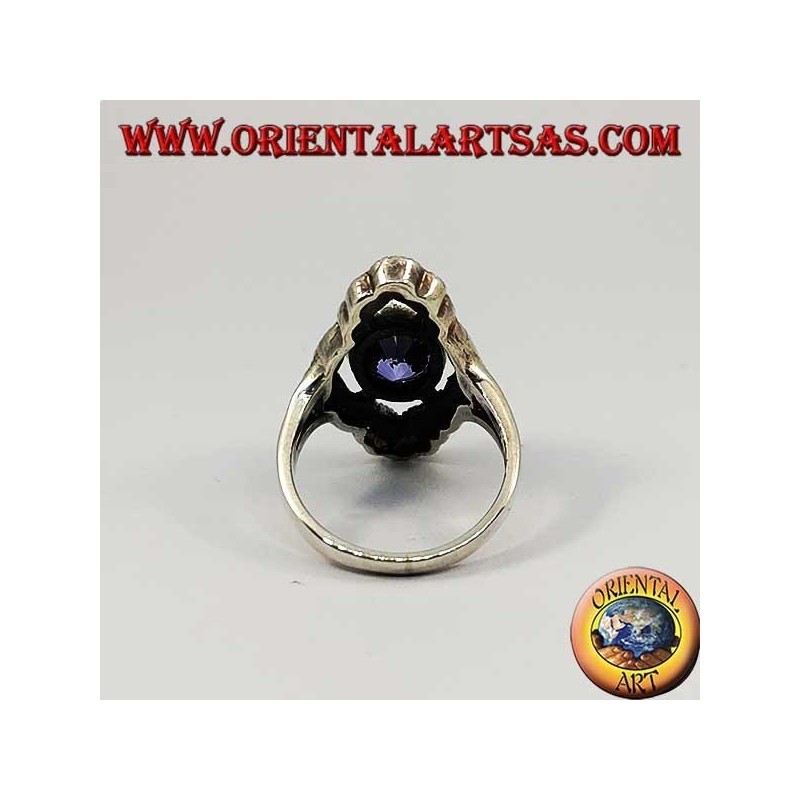 Rhomboidal silver ring with natural oval amethyst surrounded by marcasite