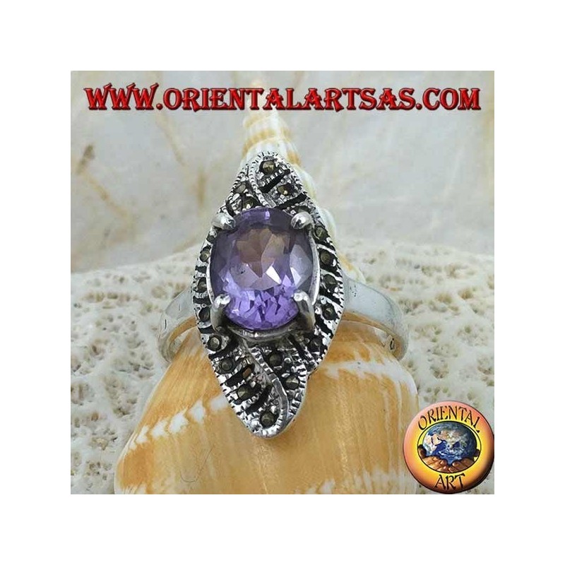 Silberring, rhomboides Gewebe mit natürlichem ovalem Amethyst und Markasit