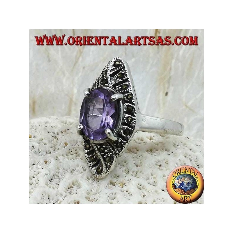 Silver ring, rhomboid weave with natural oval amethyst and marcasite