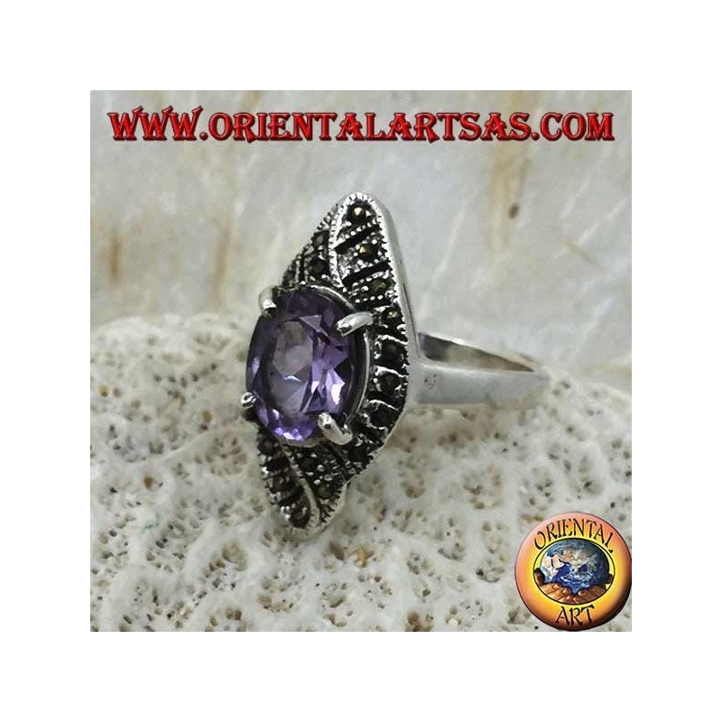 Anillo de plata, tejido romboidal con amatista ovalada natural y marcasita