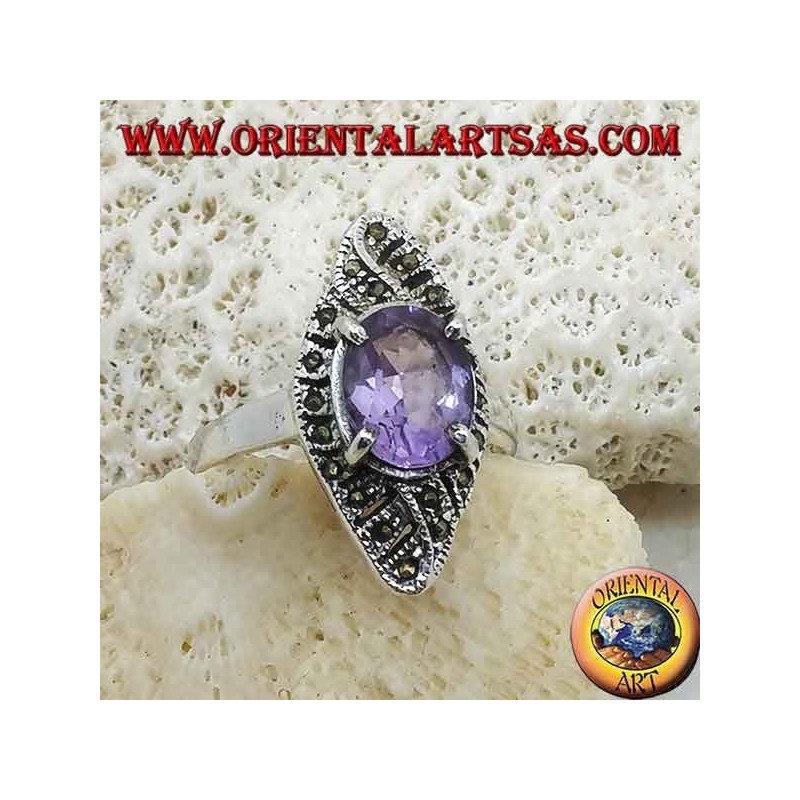 Anillo de plata, tejido romboidal con amatista ovalada natural y marcasita