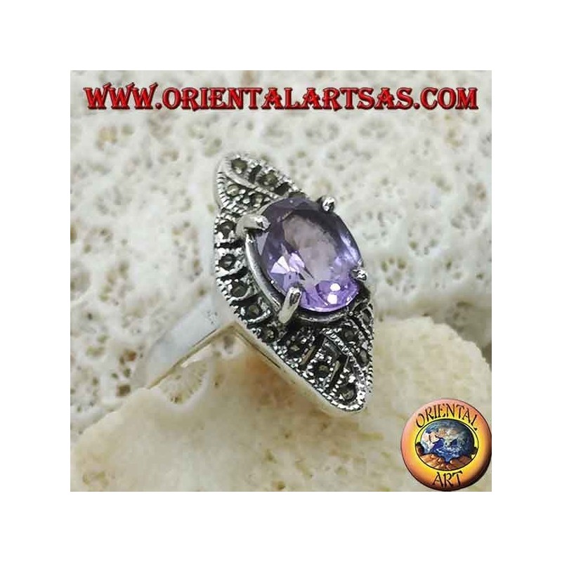 Bague en argent, tissage rhomboïde avec améthyste ovale naturelle et marcassite