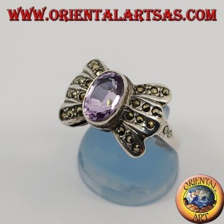 Silver bow ring with natural oval amethyst surrounded by marcasite