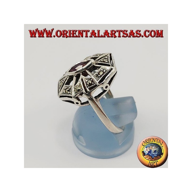 Octagonal silver ring with natural oval amethyst surrounded by marcasite