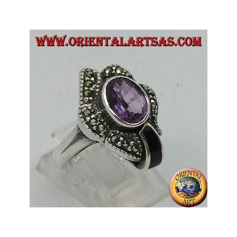 Silberring mit natürlichem ovalem Amethyst und Onyx, umgeben von Markasit