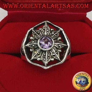 Anillo de plata rosa de los vientos con amatista redonda natural rodeada de marcasita