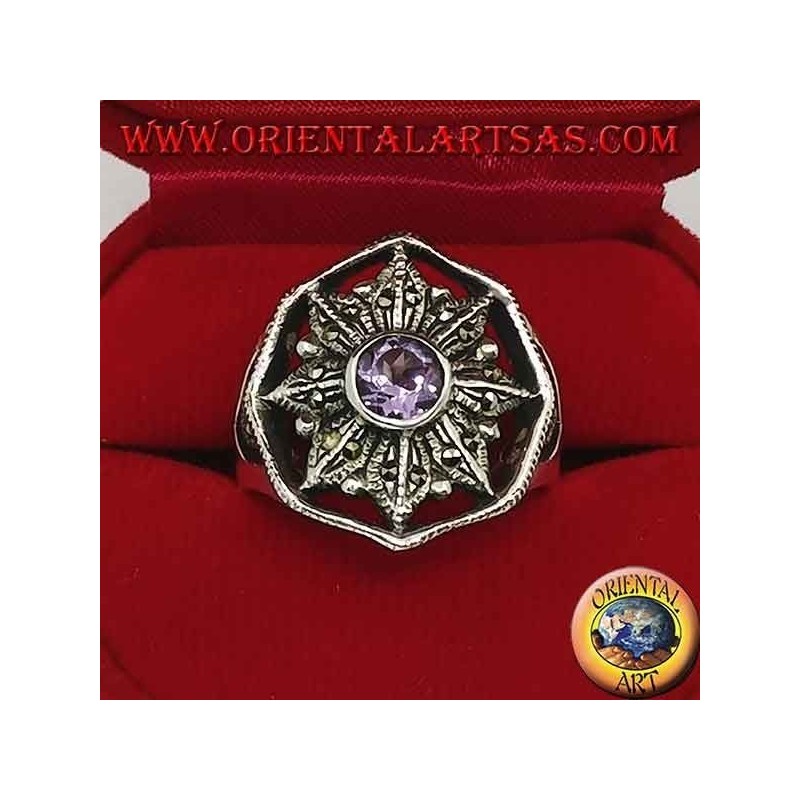 Wind rose silver ring with natural round amethyst surrounded by marcasite