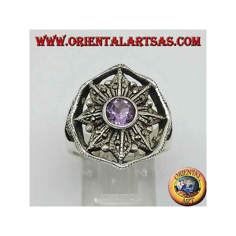 Anillo de plata rosa de los vientos con amatista redonda natural rodeada de marcasita