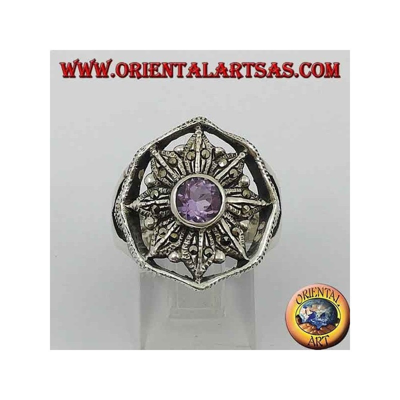 Wind rose silver ring with natural round amethyst surrounded by marcasite