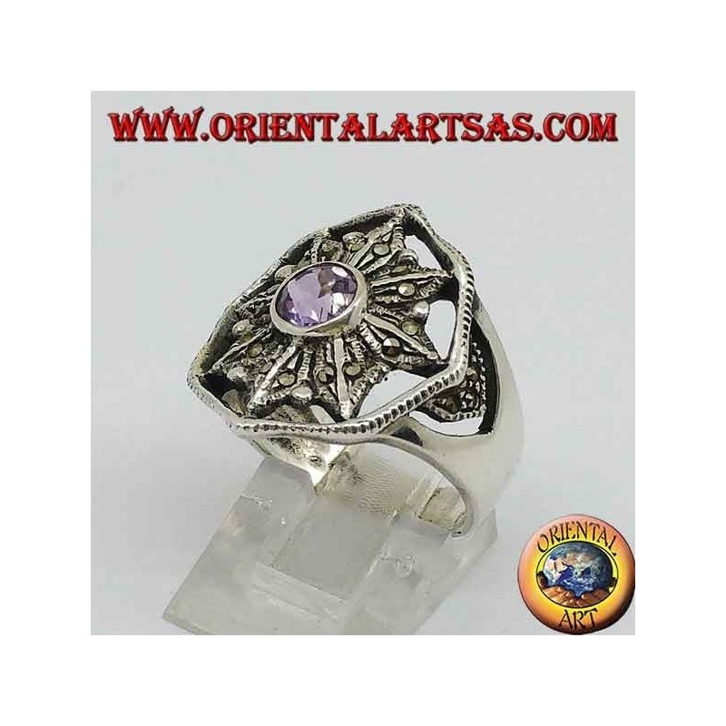 Windrosa Silberring mit natürlichem rundem Amethyst, umgeben von Markasit