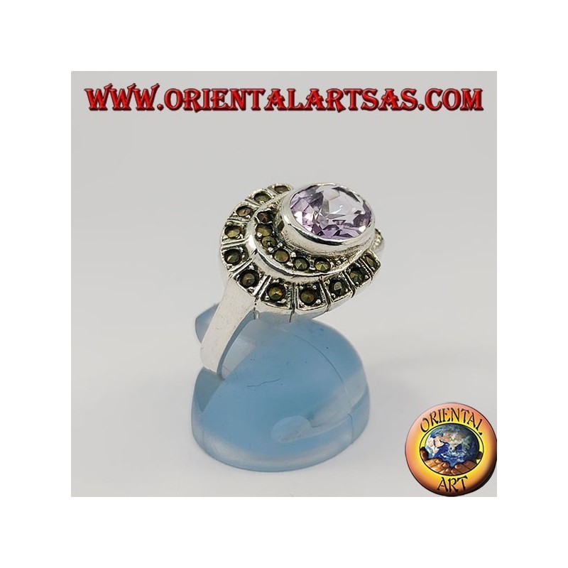 Natural oval horizontal amethyst silver ring surrounded by marcasite