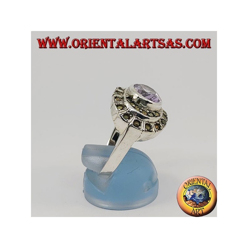 Natural oval horizontal amethyst silver ring surrounded by marcasite