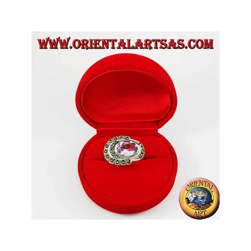 Anello in argento ametista ovale naturale orizzontale contornata da marcassite