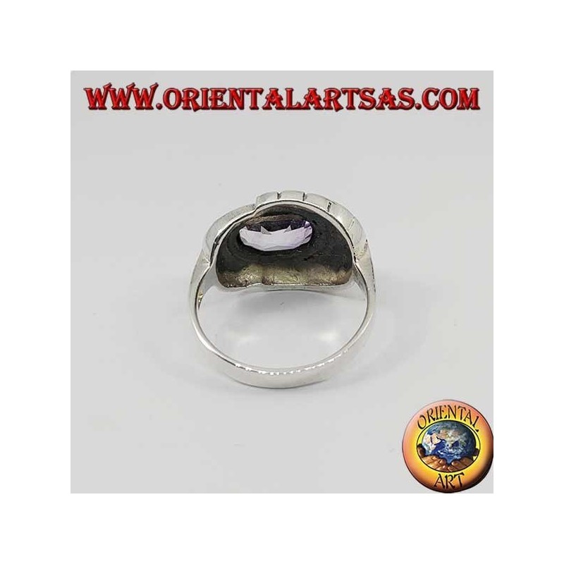 Natürlicher ovaler horizontaler Amethyst-Silberring, umgeben von Markasit