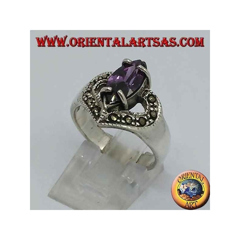 Anillo corazón de plata con lanzadera natural amatista y marcasita