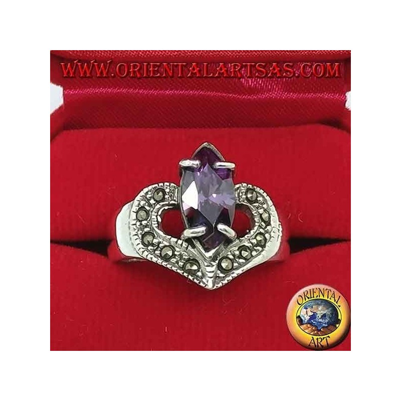 Anillo corazón de plata con lanzadera natural amatista y marcasita