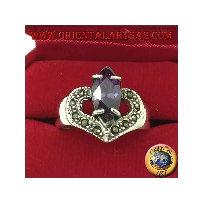 Anillo corazón de plata con lanzadera natural amatista y marcasita