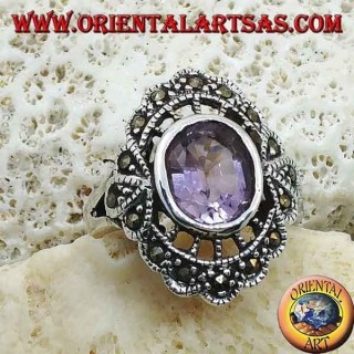 Anello in argento a nuvoletta con ametista naturale ovale e marcassite