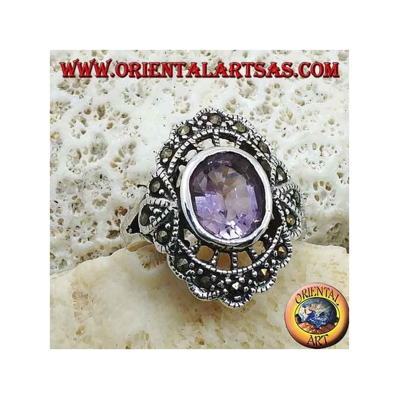 Anillo de plata con burbuja de diálogo con amatista ovalada natural y marcasita