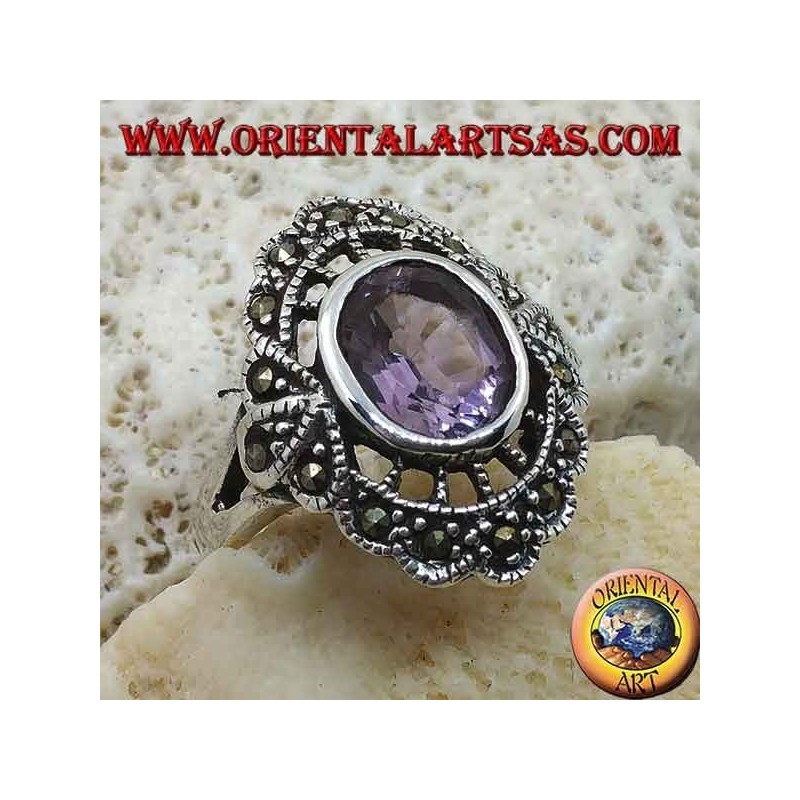 Silberring mit Sprechblase mit natürlichem ovalem Amethyst und Markasit