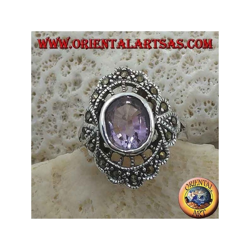 Bague en argent avec bulle de dialogue avec améthyste ovale naturelle et marcassite
