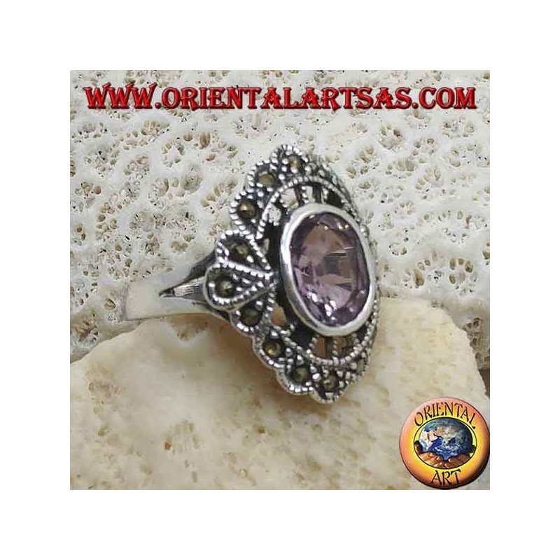 Silberring mit Sprechblase mit natürlichem ovalem Amethyst und Markasit