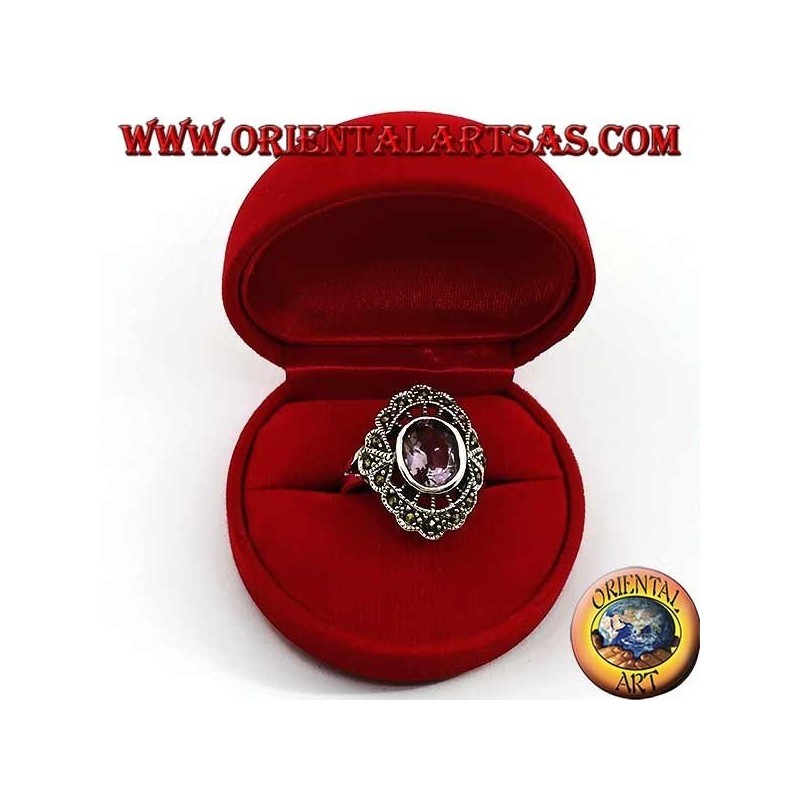 Silver ring with speech bubble with natural oval amethyst and marcasite