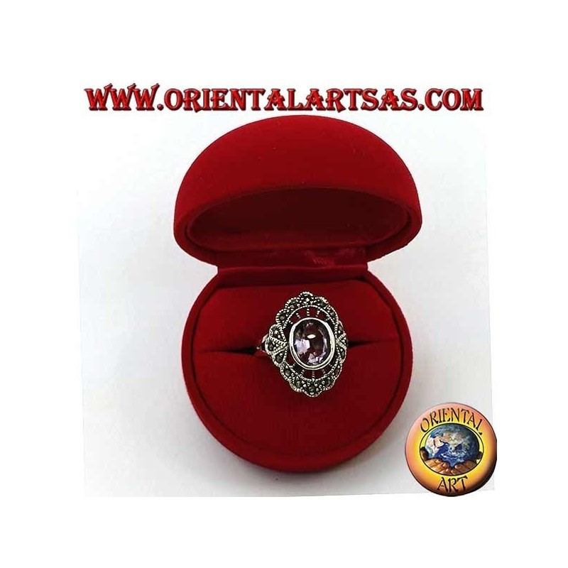 Anillo de plata con burbuja de diálogo con amatista ovalada natural y marcasita