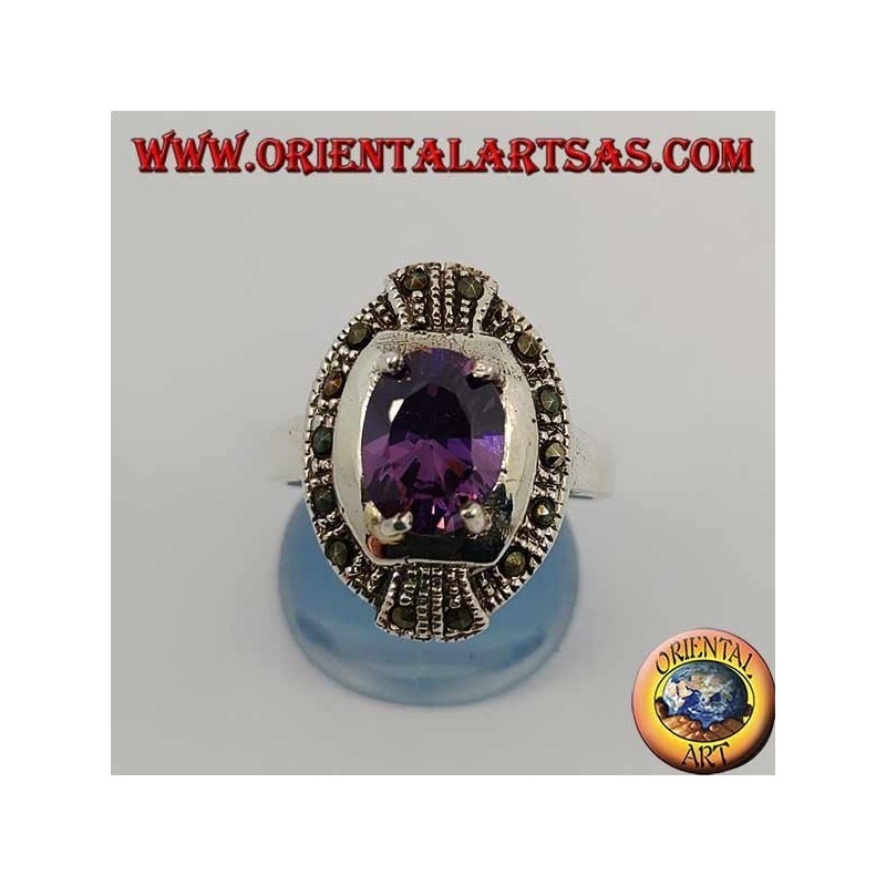 Elliptical silver ring with natural oval set and marcasite amethyst