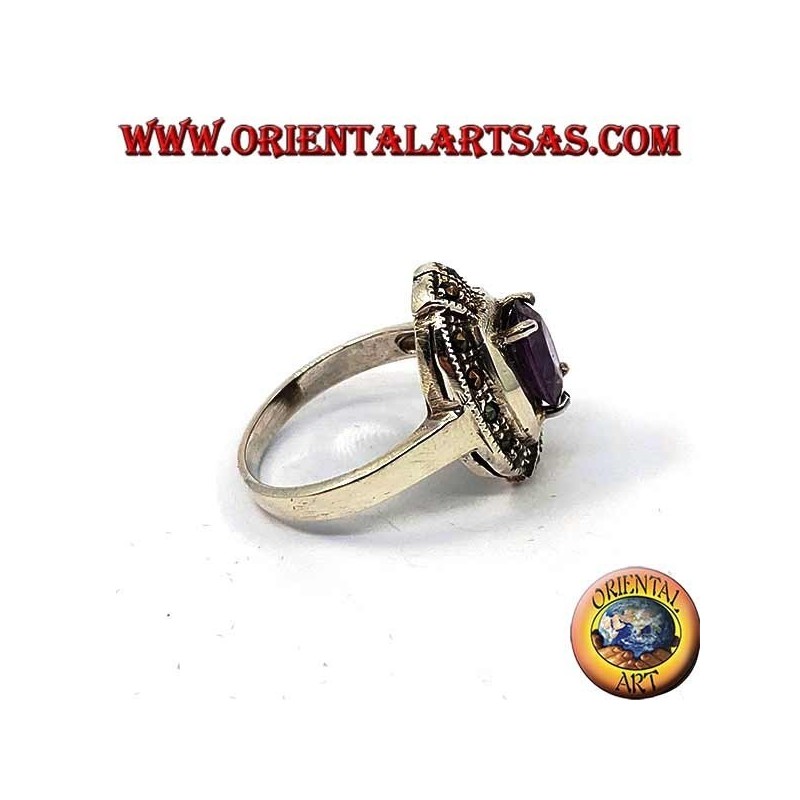 Anillo elíptico de plata con conjunto ovalado natural y amatista de marcasita