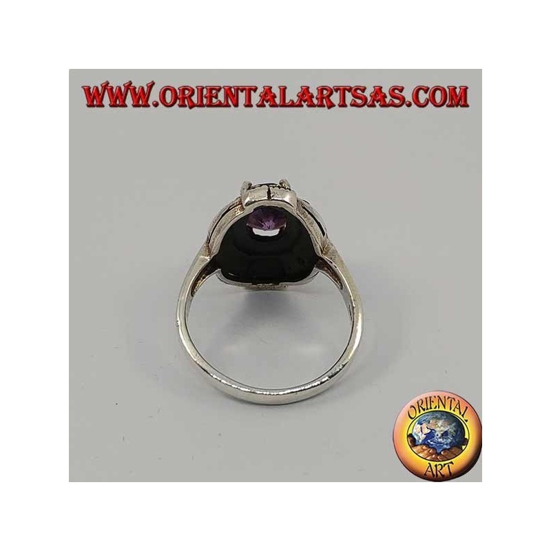 Anillo elíptico de plata con conjunto ovalado natural y amatista de marcasita