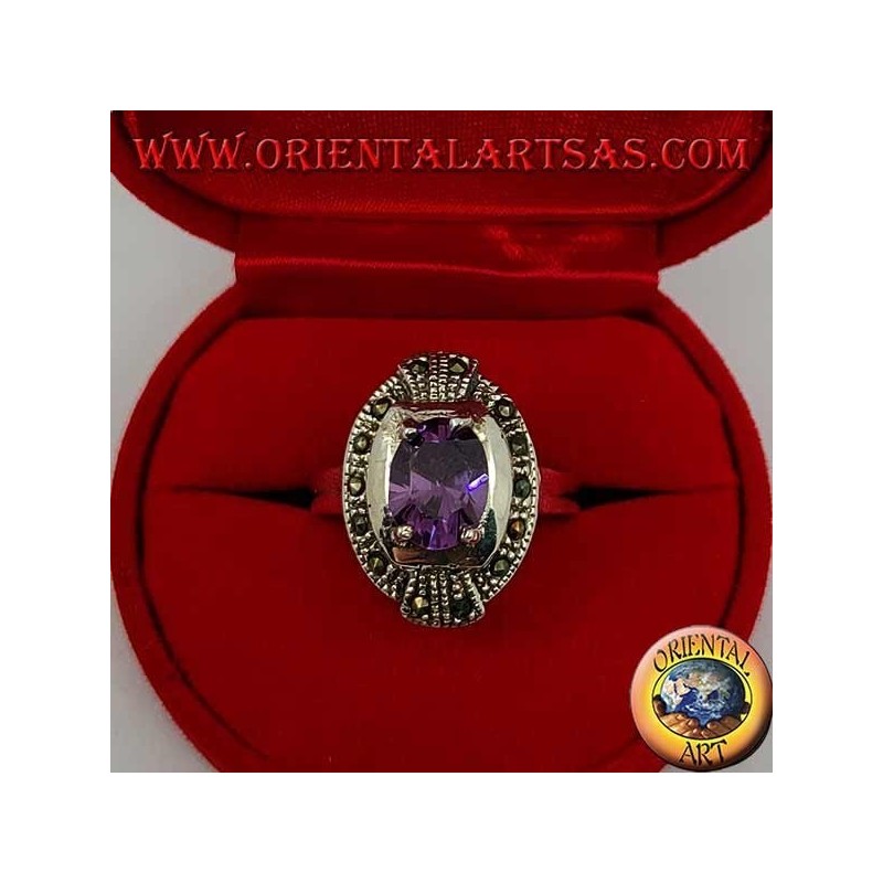 Elliptischer Silberring mit natürlichem Oval und Markasit-Amethyst