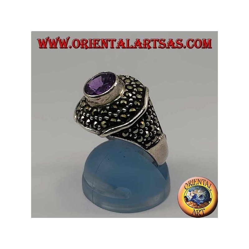 Octagonal silver ring with round natural amethyst studded with marcasite