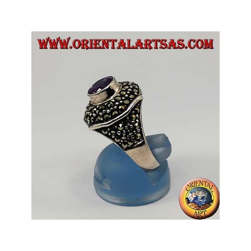 Octagonal silver ring with round natural amethyst studded with marcasite